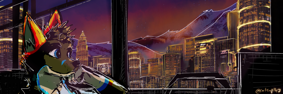 Website banner image (Ntos the anthro fox, sitting in a metro train on a dark purple evening, observing the bright bustling city and the mountains behind.)